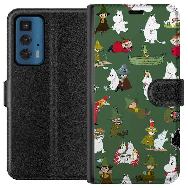Kompatibelt lommebokdeksel til Motorola Edge 20 Pro Lekfullt motiv med hvite fabeldyr og eventyrere på grønn bakgrunn i klassisk nordisk eventyrstil 