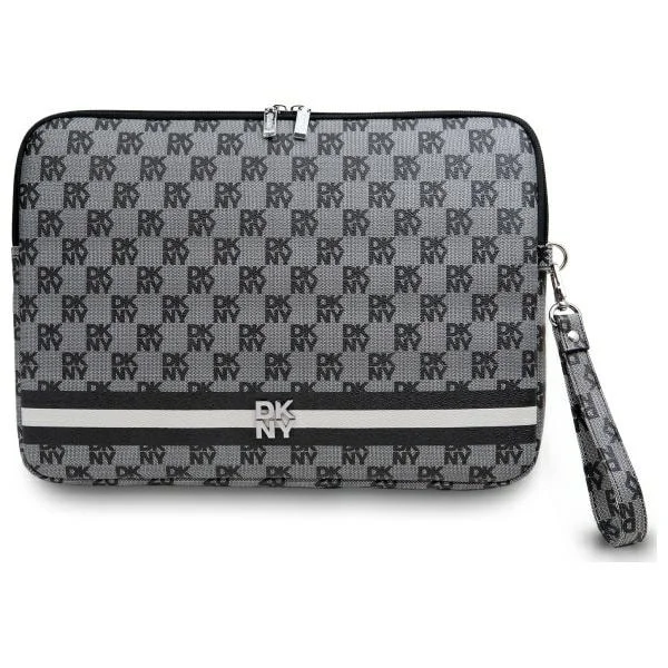 DKNY Sleeve Checkered Pattern Printed Stripes 14" Laptop Case - Musta
