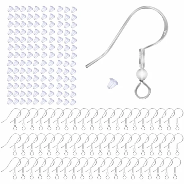 100 stk. 925 Sterling Sølv Øreringe Kroge, Øreringe Tilbehør Hypoallergeniske Smykkekroge DIY Ørekroge Med 100 Gennemsigtige Gummi Smykkefund