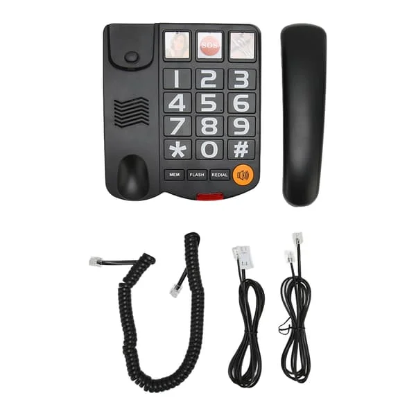 Telefon med store knapper, ett-trykks oppringing, håndfri fasttelefon med høyttaler for eldre, svart