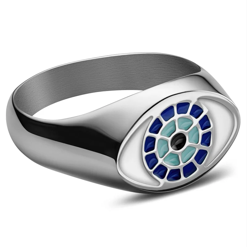 Evil Eye | Anillo sello plateado para hombres - Anillos tipo sello
