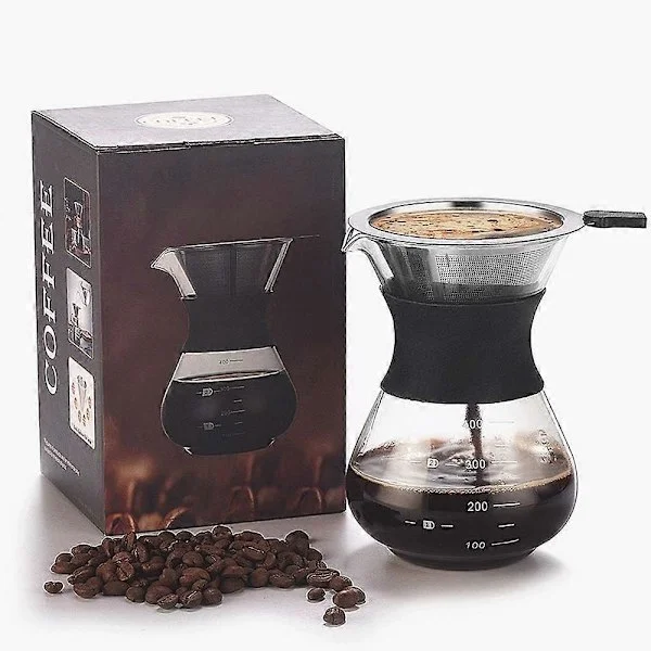 Pour Over Coffee Maker, Borosilicate Glass Pour Over Coffee Dripper, Water Bottle, Coffee Pot with Stainless Steel Filter 14 oz