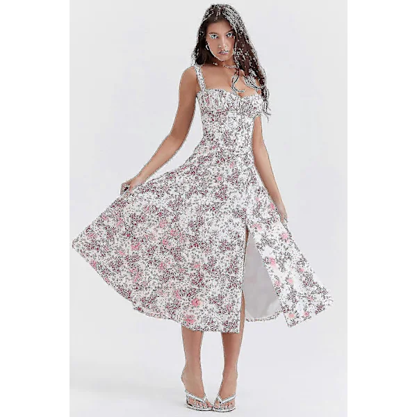 Blomstret Boho Midi Bustier Kjole til Kvinder Carmen Print Sommer Strand Swing Kjoler