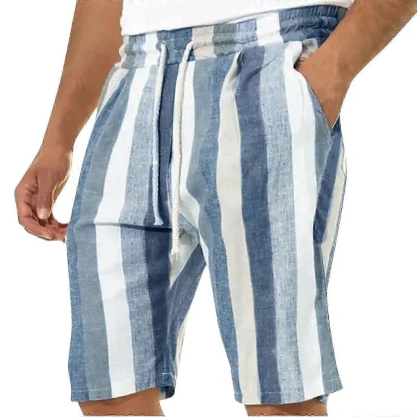 Herr Casual Bomull Linne Shorts, Sommar Färgblock Randiga Dragsko Midja Shorts