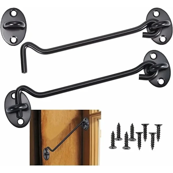 Hyttkrok 2-pack Dörrkrok Lås, Svart Rostfritt Stål Dörrkrok Lås, med Monteringsskruvar, för Fönster, Ladugårdsdörr, Skjuldörr, Garageport (15 cm)