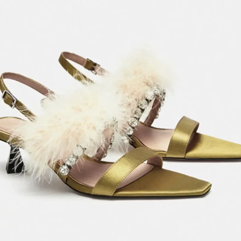 AliExpress - AIYKAZYSDL Satin Crystal Pumps Women Real Fur Soft Furry Feather Sandals Slides Low Heel Mules Women Fashion Office Lady Shoes