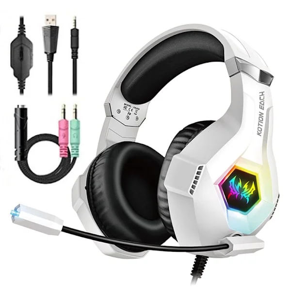 Gaming Headset til PS5 PS4 PC, Over-Ear Hovedtelefoner med Surround Sound & RGB Lys til Xbox Switch Mac Laptop hvid