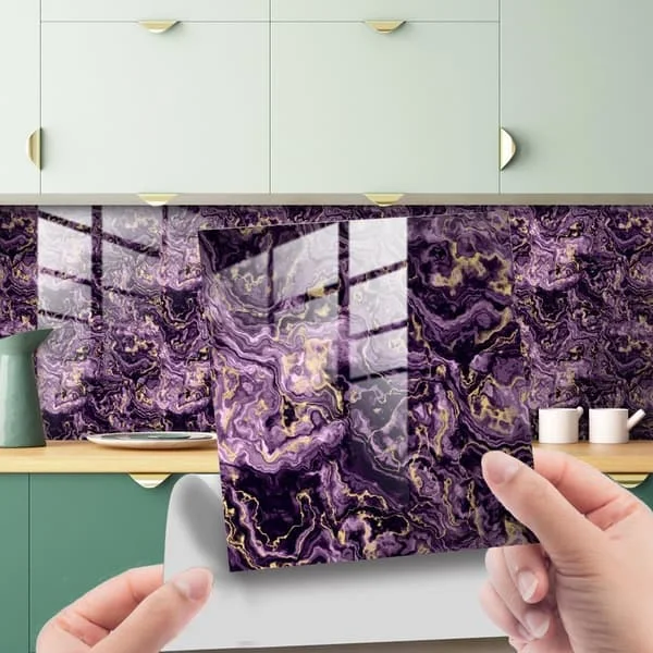20 deler selvklebende veggfliser for kjøkken og bad, selvklebende sprutbeskyttelse for kjøkken, retro marmor PVC veggfliser (lilla, 10x10cm)