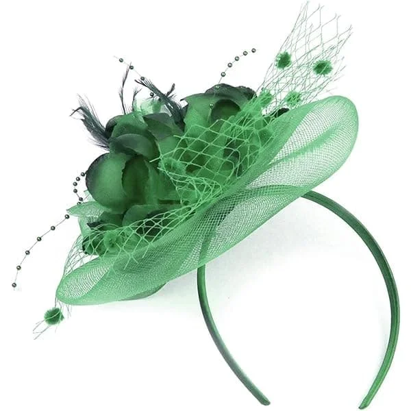 Damer Fascinator Pillbox Hatt Kvinner Blomst Bowler Hatt Fjær Bryllup Cocktail Hatt Hårklemme Party Hatt Hårtilbehør med Hårsløyfe grønn