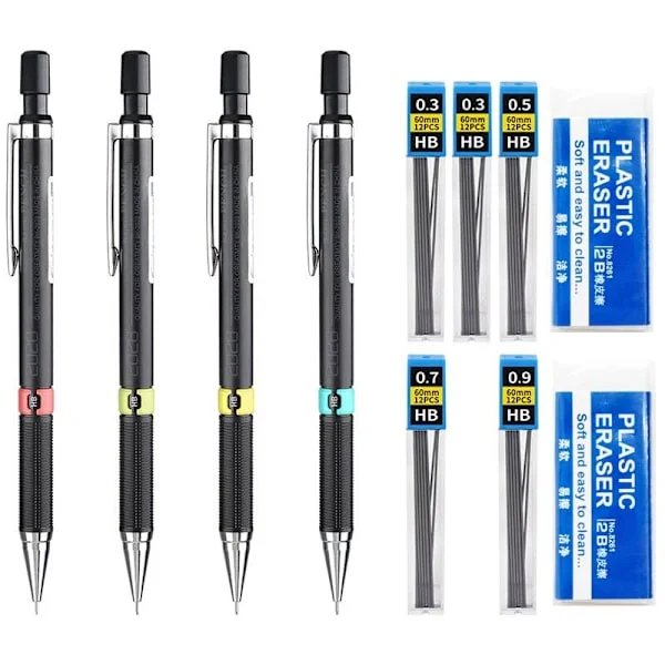 Mekaniskt pennset, 0.3 0.5 0.7 0.9mm HB Mekanisk penna Automatisk penna Stylus Pen Arkitektur Mekanisk penna med suddgummi