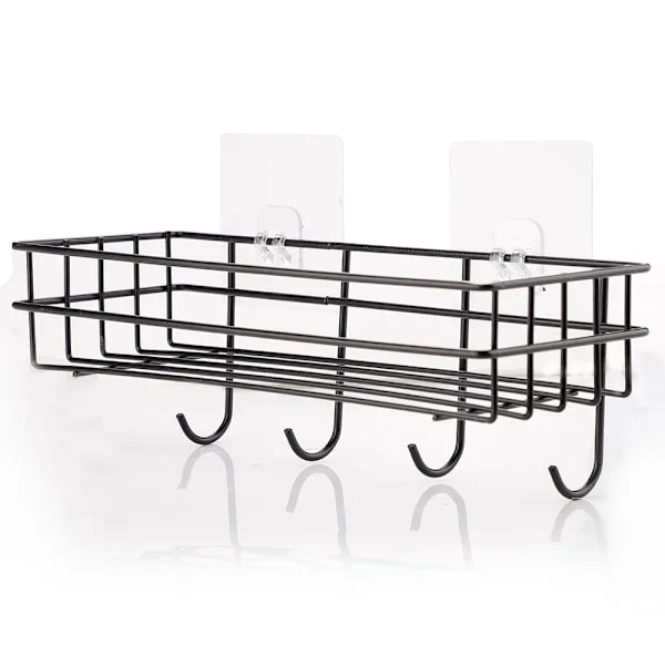 Hylla för badrum i järn utan borrning, handduksavställningsställ för kosmetika, väggmonterade kökhyllor med krok / Svart / 28 x 10,5 cm