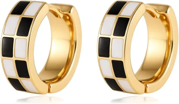 Chic Checker Små Creol Broskörhängen Lärarörhängen för Kvinnor; Vit Svart Emalj Allergivänliga Creoler Gåvor Guld- och Silverton Svart