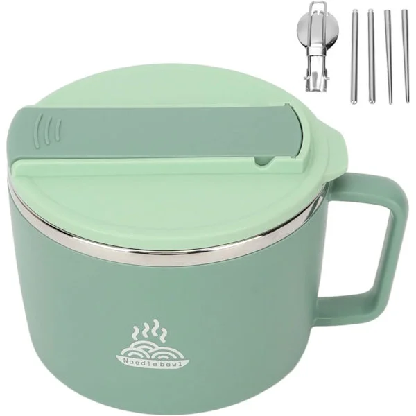 1200ml 304 Stainless Steel Noodle Bowl, Microwave Noodle Bowl Set, Ramen Bowl with Chopsticks and Fork-Spoon, Portable Soup Bowl, with Lid