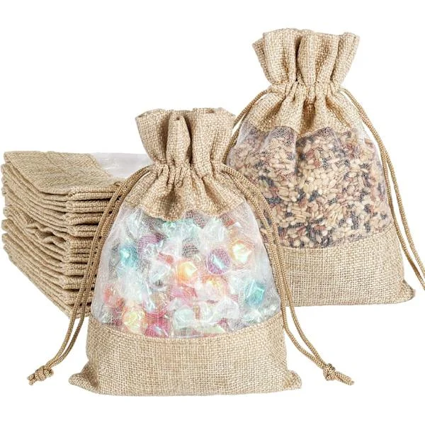 Small Gift Bags, 12 Pcs Hessian Organza Drawstring Bags for Christmas Gifts, Birthday Party, Candy, Jewelry, Jute Gift Bags (13 x 18 cm)