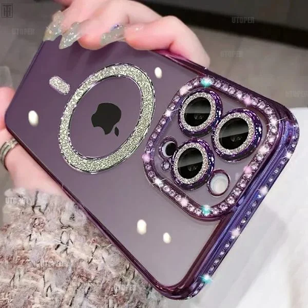 Kristall Diamant Klar Skal för iPhone 17 16 15 14 13 12 11 Pro Max Plus Bling Slät Magsafe Magnetisk Trådlös Laddningsskydd