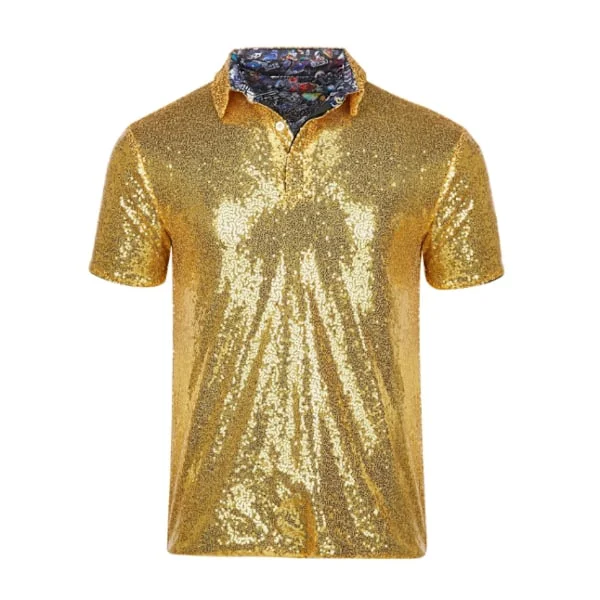 Glitter paljett-t-skjorte med korte ermer og nedfelt krage for menn, gull Gold-FY-