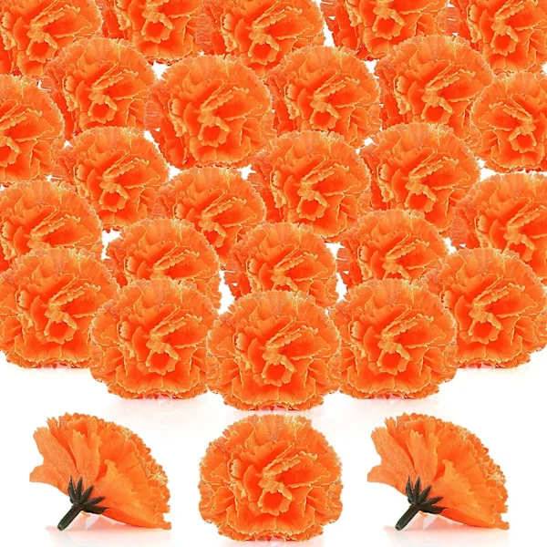 50 st ringblomma blomhuvuden bulk konstgjorda blommor med stjälkar DIY ringblomma girlang Day of The Dead dekoration Dia De Los (orange, 6 cm)