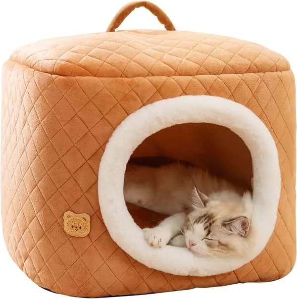 2-in-1 Warm Cat Cave Bed, Cat Tent With Removable Washable Cushion, Cozy Cute Cube Cat Bed, Soft And Warm Dog Bed (M, Brown)