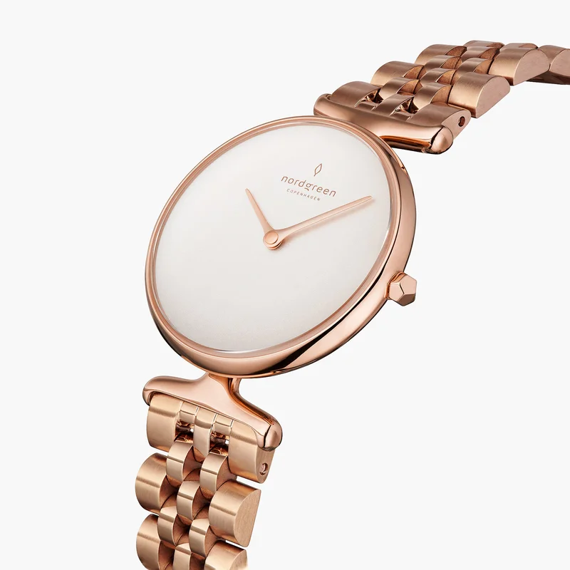 Nordgreen Best Women's Slim Designer Watch - Rose Gold Case - White Dial - 32mm Rose Gold 5-link Strap White Dial Unika