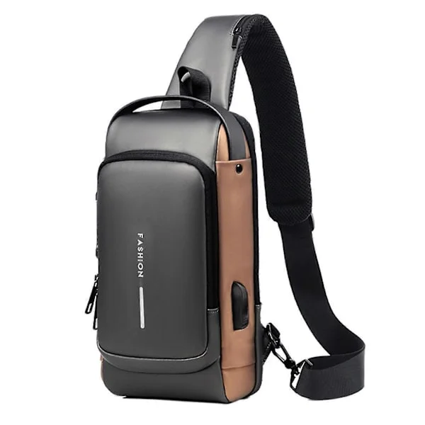 USB-lataus Sport Sling Bag Miesten varkaudenesto rintalaukku salasanalukolla korkealaatuinen harmaanruskea