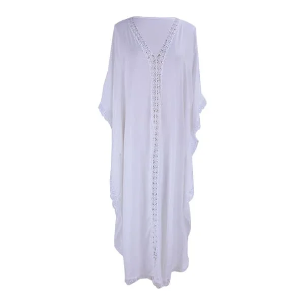 Plus Size Strand Cover-Up Cardigan, Løs Hvid Lang Kjole med Kvast, Letvægts Bomulds Badedragt Cover-Up til Kvinder, Bikini Cover-Up, Badetøj Reso