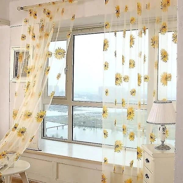 Yellow 100 x 270 cm Sunflower Voile Fabric Window Decoration Curtain Valance Door Room Divider Drape