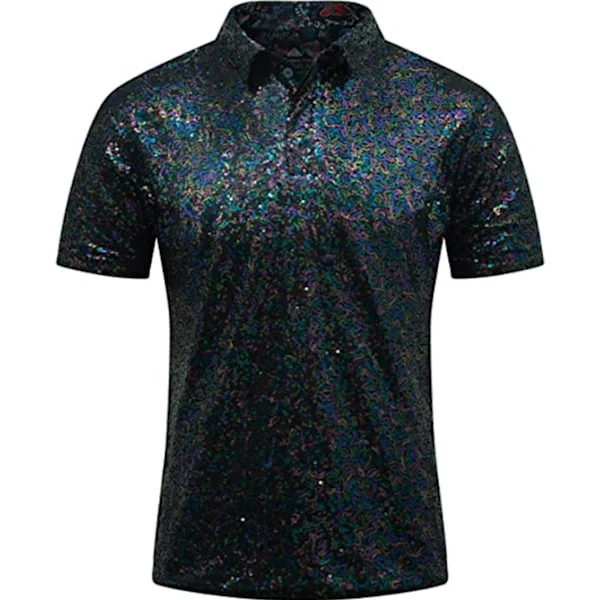 Glitter Paljetter Kort Erme Nedfellbar Glitter Polo T-skjorte for Menn Mørkegrønn{AZC}