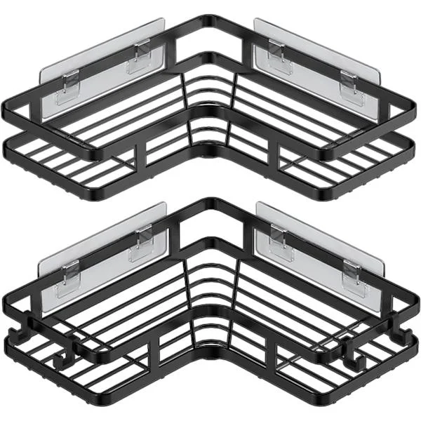 Corner Shower Shelf 4 Hooks Self-Adhesive Shower Caddy No Drilling 2-Pack Bathroom Shower Organizer Stainless Steel Black