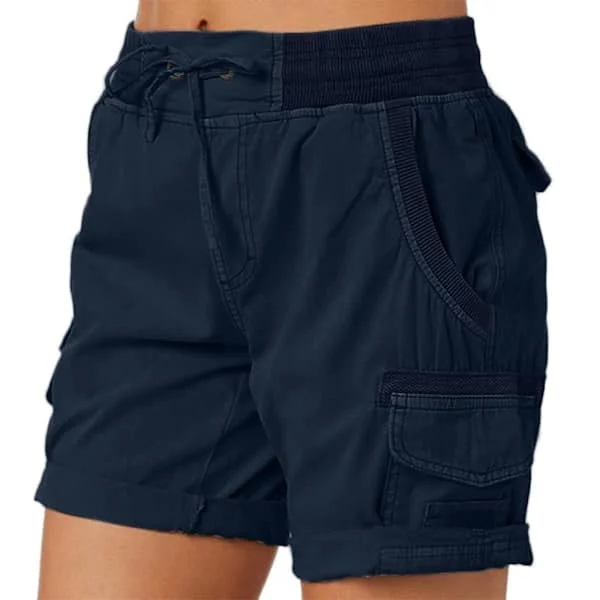 Cargo Shorts for Women, Summer, Loose Hiking Shorts, Bermuda Shorts with Pockets, Casual Women's Shorts, Mid-Rise, Navy Blue, L Navy L