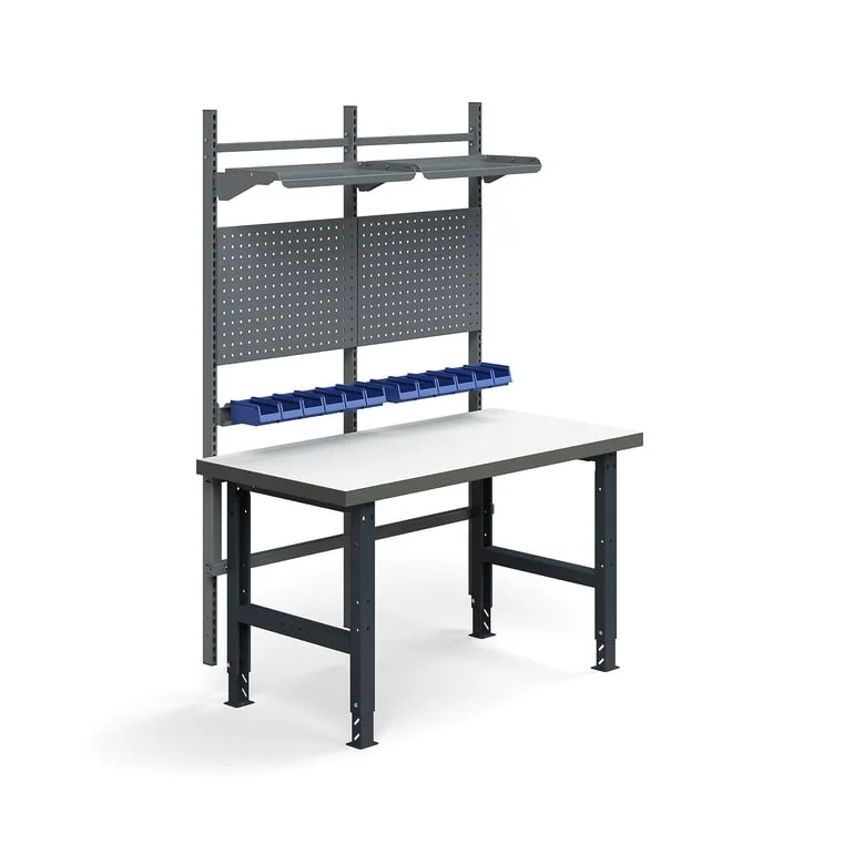 Komplett arbeidsbord, verktøytavler, plastbakker, hyller, L1500 B760 mm, høytrykkslaminat