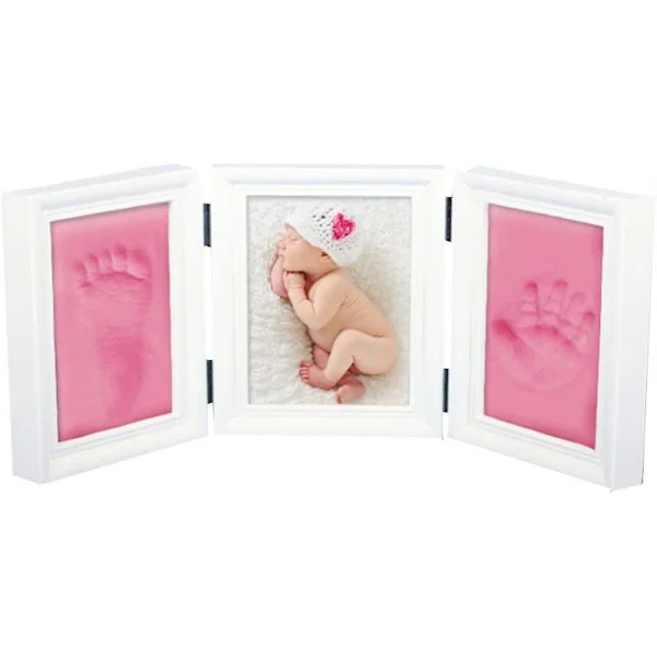 Handavtrycksram Kit för Flickor Babyshower Present, Rosa Lera och Vita Träramar