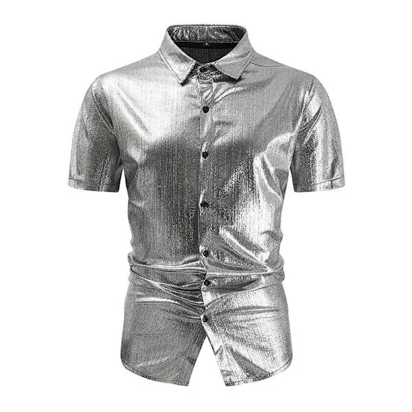 Afslappet kortærmet herre poloshirt med glimmer og pailletter, 70'er disco natklub festskjorte toppe