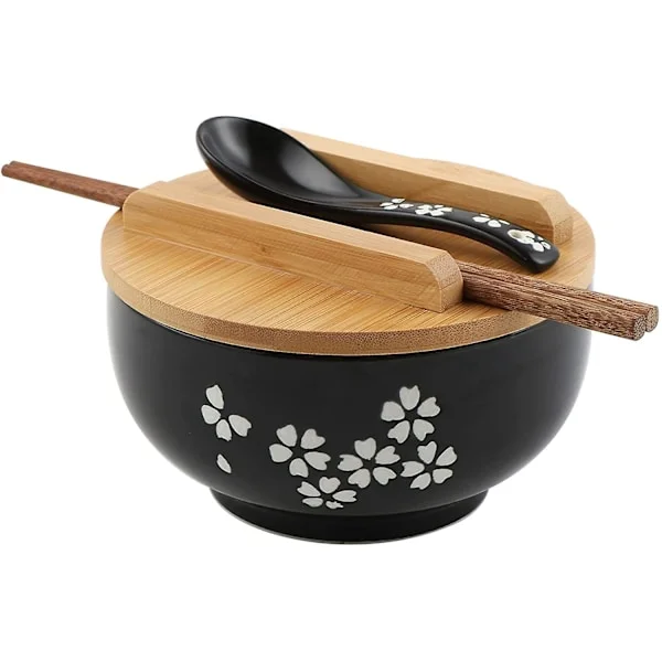 Ramen skål sæt, japanske ramen nuddel skåle med låg og ske, stor keramisk suppe skål, håndtegnet sort ris skål 6,5 tommer - retro nuddel skål