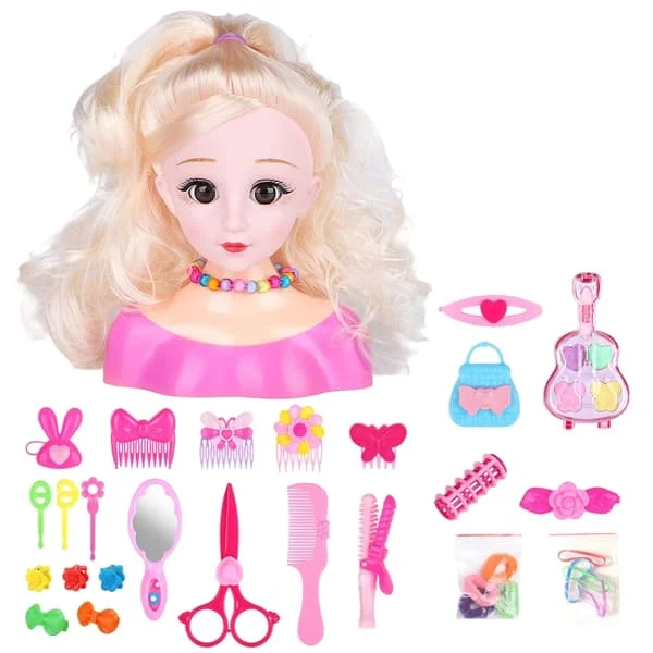 Hair Styling Doll Head Toy Set - 25 Pieces Hairdresser Makeup Toys for Girls