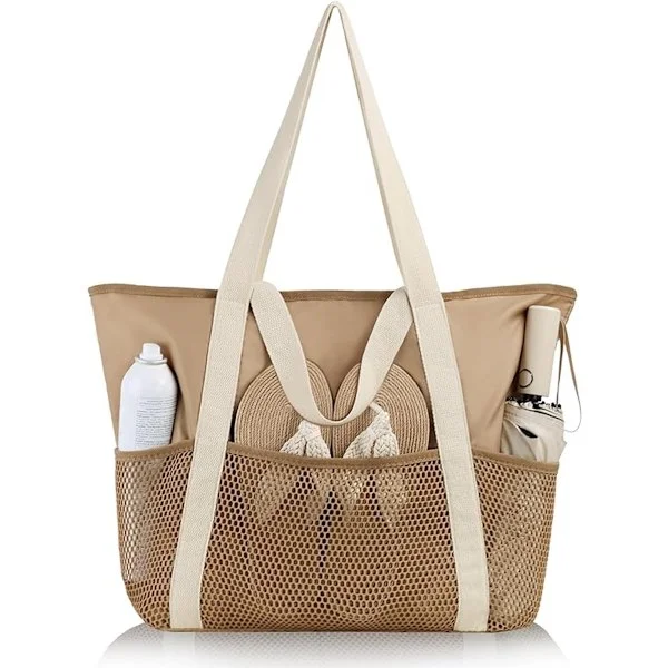 Women's Beach Bag, Large Capacity Beach Tote, Family Beach Bag, Foldable, Multiple Compartments, Waterproof Mesh Swim Bag, Brown, XXL