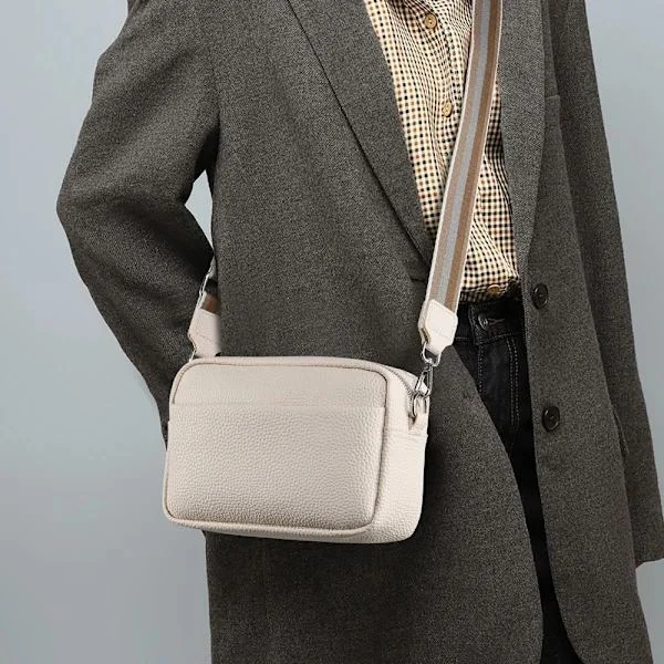 Crossbody-taske til kvinder Klassisk skuldertaske med bred rem Crossbody-taske med lynlås - Beige
