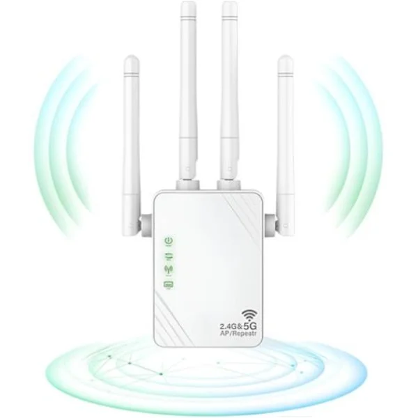 1200 Mbps WiFi Repeater, WiFi Extender, WiFi Signalforstærker, 5GHz og 2.4GHz Dual Band WiFi Booster, Repeater/Router/AP-tilstand, 4 Antenner, 2 LAN