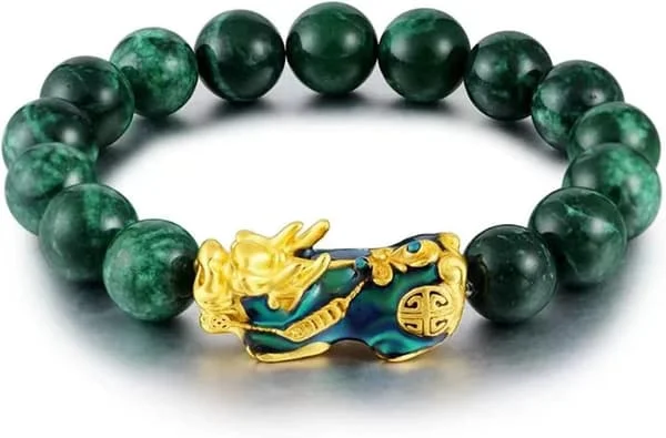 Feng Shui-armbånd, grønn jade steinperlearmbånd unisex Feng Shui Pi Xiu armbånd gull rikdom Pixiu kvinner menn armbånd