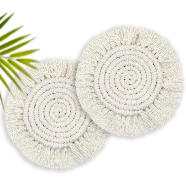 Absorberande dryckesunderlägg, Boho-underlägg för träbord, för muggar och koppar, söta macraméunderlägg för inflyttningspresent, 2 st runda, beige