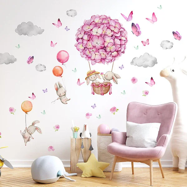 Dyreveggklistremerker Rosa Luftballong Veggklistremerke Blomster Ballonger Elefant Bjørn Veggdekor Barnerom Barnerom Barnerom Stue