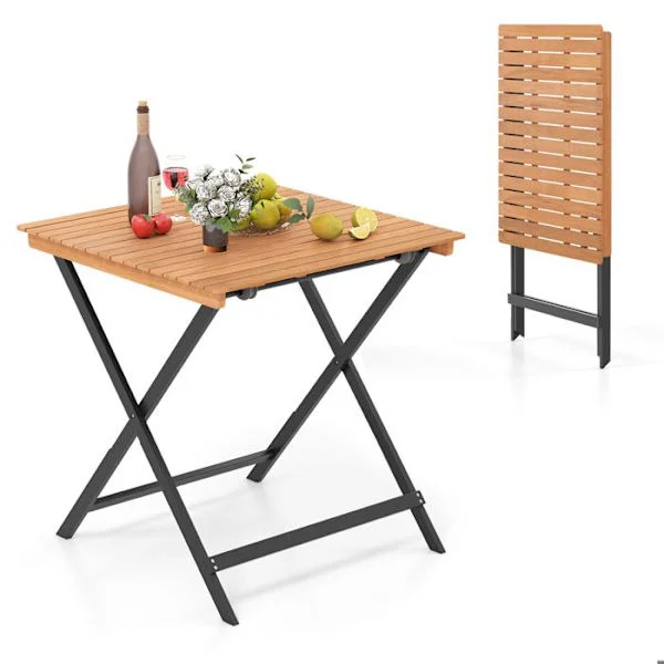COSTWAY Akacietræ Foldbart Havebord, Plade med Lister, Bærbart Udendørs Bord Kapacitet 75kg, Firkantet Bord 70 x 70 x 73cm
