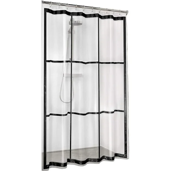 Duschdraperi, PVC-fritt, vattentätt, draperi för bad och dusch, färg: transparent/svart, B x H: 180 x 200 cm.