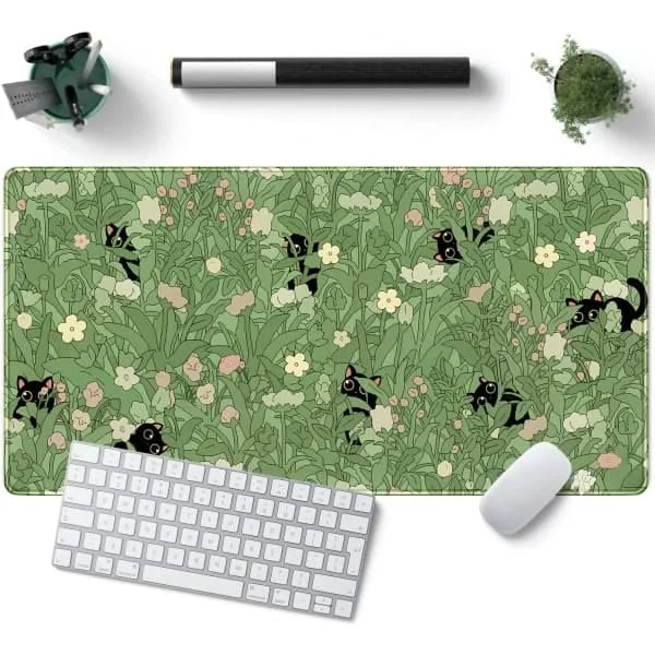 Grön Skrivbordsmatta XL Söt Katt Cool Skrivbordsmatta Tangentbordsmatta Kawaii Svart Katt Blomma Musmatta Grön Skrivbordsmatta Skrivbordsdekor med 