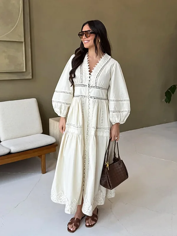 AliExpress - Elegante witte jurken met holle borduursels, lange jurken voor dames, V-hals, pofmouwen, losse maxi-jurk, lente 2026, casual, effen, 