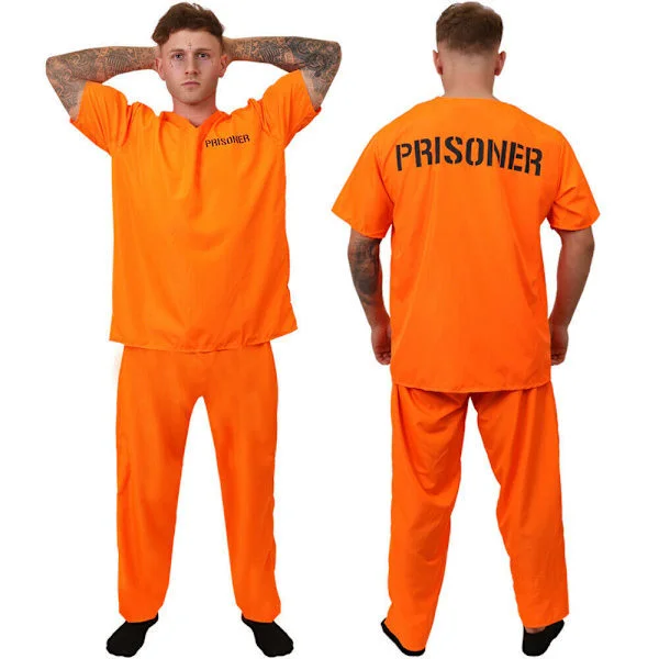 Fangedragt til mænd, orange top og bukser, fængsel, voksen Halloween-maskeradekostume, tøj XL