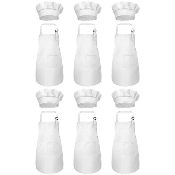 12-piece Apron and Chef Hat Set, Adjustable Kids Apron with Pockets (White, Suitable for 2-6 Years Old)