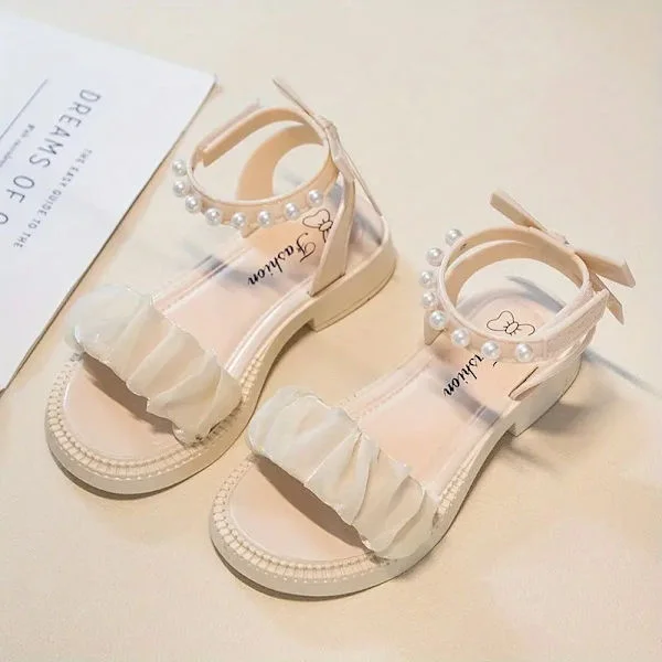 Trendy Sandaler med Sløyfe og Perledekor, Åpne Tær, Ensfarget, Pustende og Sklisikre Sandaler for Jenter, Perfekt for Fest og Ferie