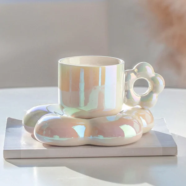 Keramisk kaffekopp med fat, Kaffekopp set, Mugg och fat set, Keramisk blommig kaffekopp och fat, Keramisk kaffekopp med fat, Vit