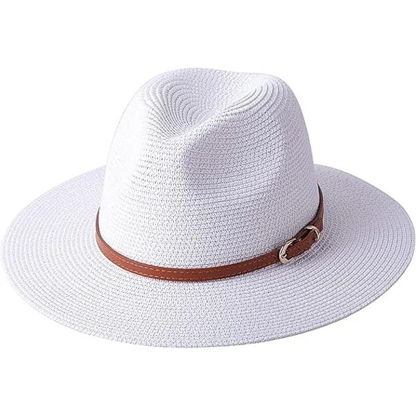 Men's Women's UPF50 Foldable Summer Straw Hat Wide Brim Fedora Sun Hat Beach Hat (White, One Size)