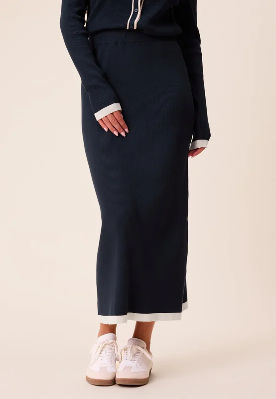 Happy Holly-Contrast Knitted Midi Skirt-Navy/Cream-32/34